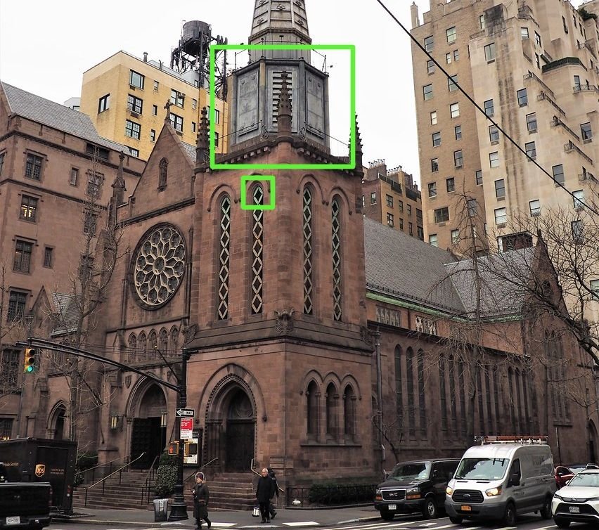 Exterior of St James Church New York City, showing Freemason motifs